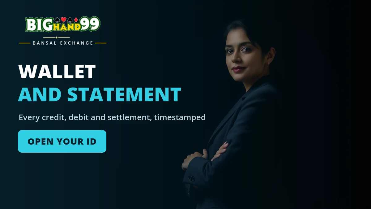 Bansal Exchange ID wallet and statement screen showing balance, exposure and settled bets