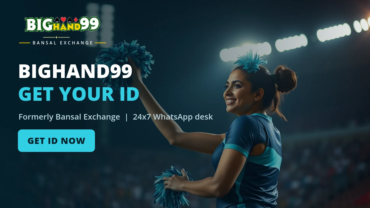 BigHand99 Bansal Exchange online cricket ID offer banner with a cheerleader at a floodlit stadium